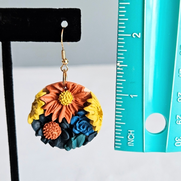 SD Flower Wall Autumn Palette Yellow/Blue/Orange Bohemian Floral Gold Earrings - Picture 2 of 5